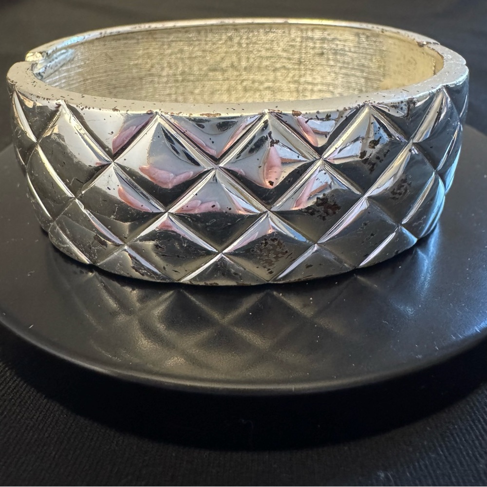 Silver Tone Quilted Hinged Cuff Bracelet